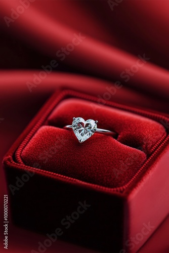 Elegant heart-shaped diamond ring displayed in a luxurious red velvet box