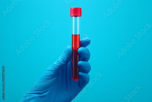 Hand of a lab technician holding a blood sampling tube, over a blue background. Healthcare concept