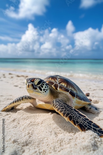 Sea turtle resting on sandy beach under bright blue sky with fluffy clouds