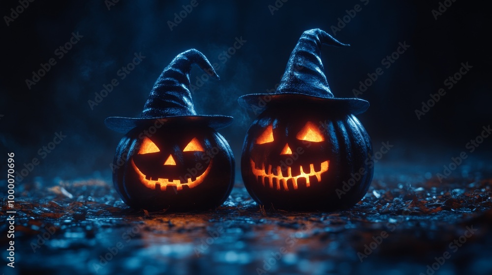 Fototapeta premium Glowing Jack-o'-Lanterns with Witch Hats in a Spooky Halloween Forest