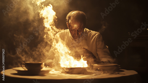 A man is having his last meal as his bowl burns, surrounded by an atmosphere of despair, reflection, and impending doom.