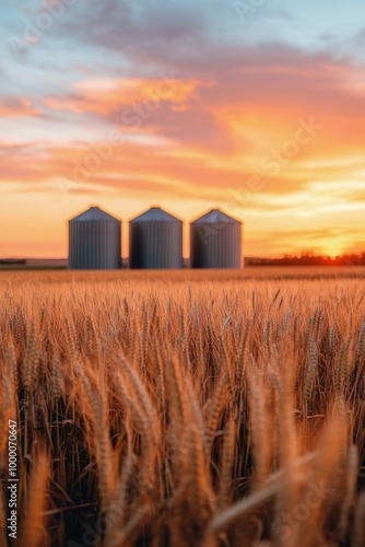 Golden wheat field at sunset with silos in the background in rural countryside