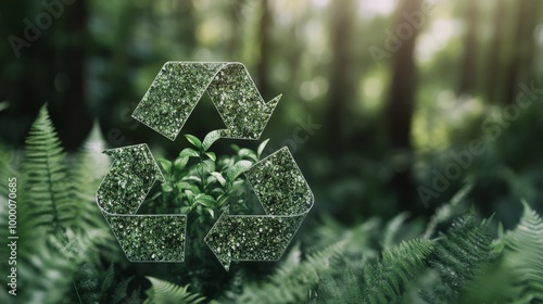 A green recycling symbol surrounded by lush ferns in a forest setting during ...