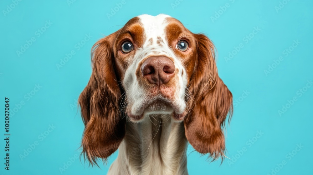 A close-up portrait of a dog with a curious expression against a bright blue background. A close-up portrait of a dog with a curious expression against a bright blue background.