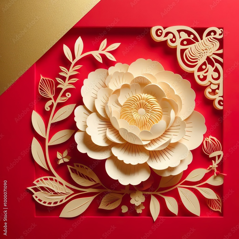 Φωτογραφία paper cut peony flower to celebrate chinese new year done on a red paper backgro