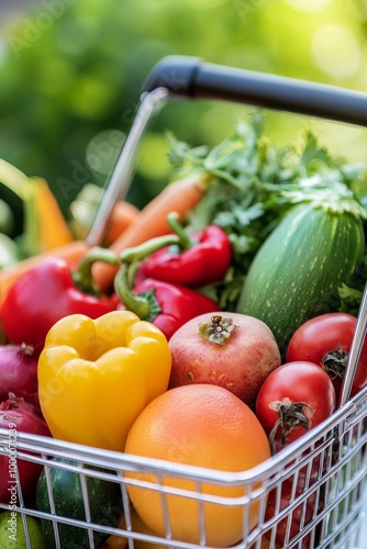 Fresh produce shopping at a local market with colorful vegetables and fruits ...