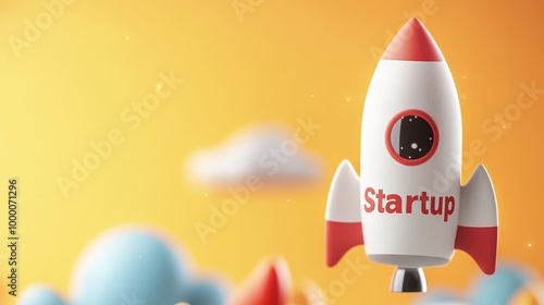 Creative startup concept with a colorful rocket and playful cloud background ...