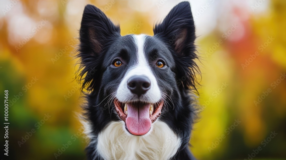 A happy black and white dog with a joyful expression against a colorful autumn background. A happy black and white dog with a joyful expression against a colorful autumn background.