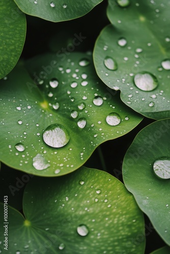 Fresh green leaves with water droplets glistening in the morning sunlight in ...