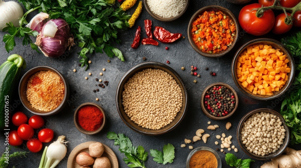 A vibrant flat lay of organic fermented foods including miso, tempeh, and kefir, surrounded by fresh vegetables and spices, highlighting the natural fermentation process A vibrant flat lay of organic fermented foods including miso, tempeh, and kefir, surrounded by fresh vegetables and spices, highlighting the natural fermentation process