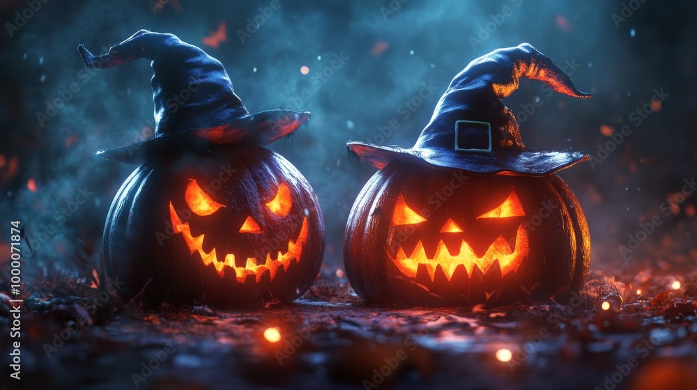Fototapeta premium Glowing Jack-o'-Lanterns with Witch Hats in a Spooky Halloween Forest