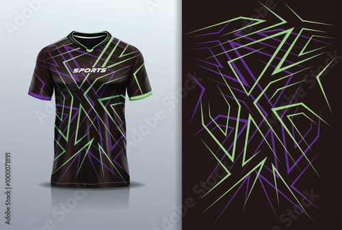 Sport jersey design template mockup sharp line for football soccer, running, esports,  purple black green color photo