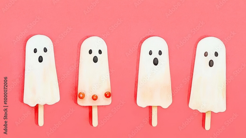 Cute ghost-shaped popsicles on a pink background, perfect for Halloween fun. Cute ghost-shaped popsicles on a pink background, perfect for Halloween fun.