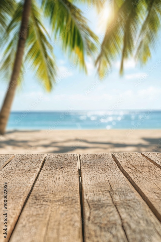 Tranquil beach view with palm trees and a wooden deck on a sunny day Tranquil beach view with palm trees and a wooden deck on a sunny day