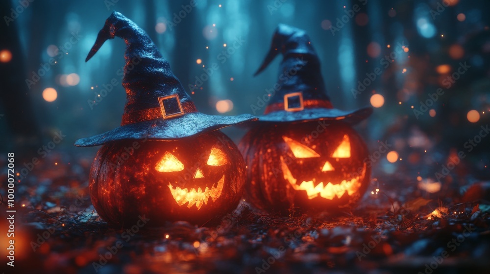 Fototapeta premium Glowing Jack-o'-Lanterns with Witch Hats in a Spooky Halloween Forest