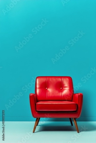 Bold red chair against a bright turquoise background in a minimalist setting