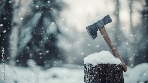 An axe rests on a snowy log in a tranquil winter forest during a snowfall in ...