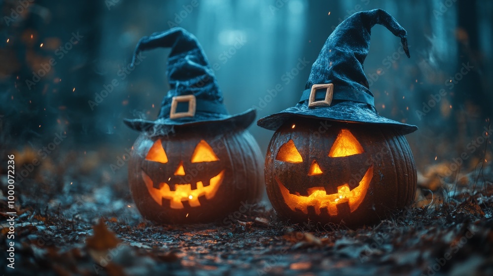Fototapeta premium Glowing Jack-o'-Lanterns with Witch Hats in a Spooky Halloween Forest