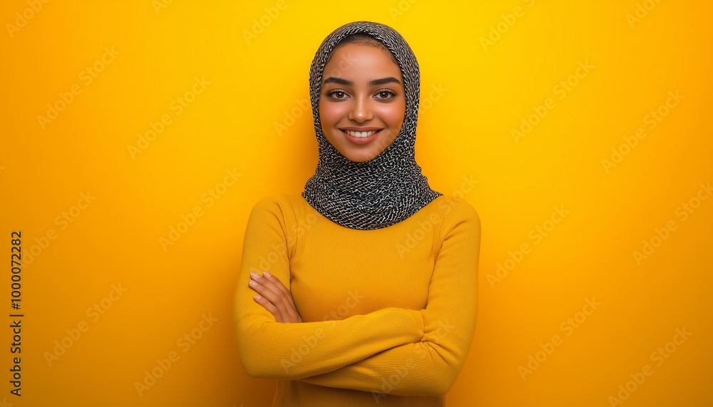 Smiling woman in yellow hijab standing confidently with arms crossed, vibrant yellow background, symbolizing confidence, diversity, and cultural empowerment in modern society Smiling woman in yellow hijab standing confidently with arms crossed, vibrant yellow background, symbolizing confidence, diversity, and cultural empowerment in modern society
