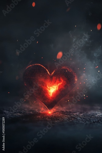 A glowing heart shape made of flames against a dark cosmic background