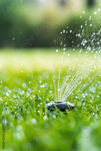 Sprinkler system irrigating lush green lawn on a sunny afternoon in a residen...