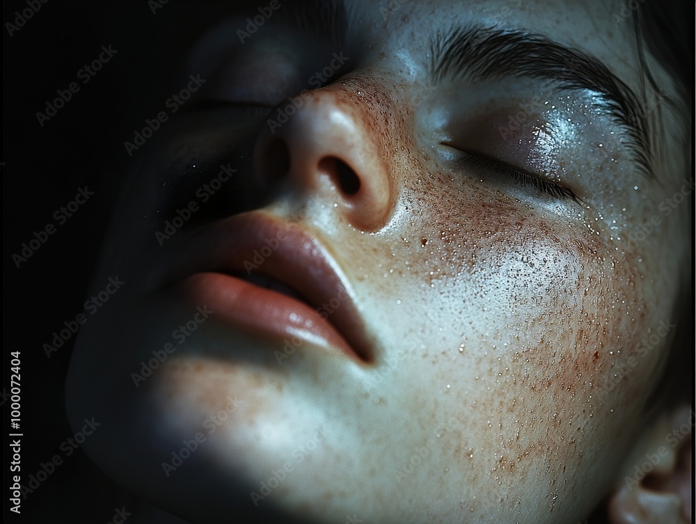 Close-up Portrait of a Person with Eyes Closed and Water Droplets on Skin Close-up Portrait of a Person with Eyes Closed and Water Droplets on Skin
