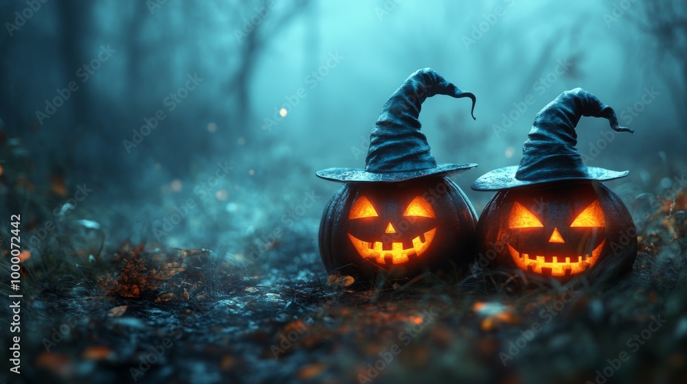 Glowing Jack-o'-Lanterns with Witch Hats in a Spooky Halloween Forest Glowing Jack-o'-Lanterns with Witch Hats in a Spooky Halloween Forest