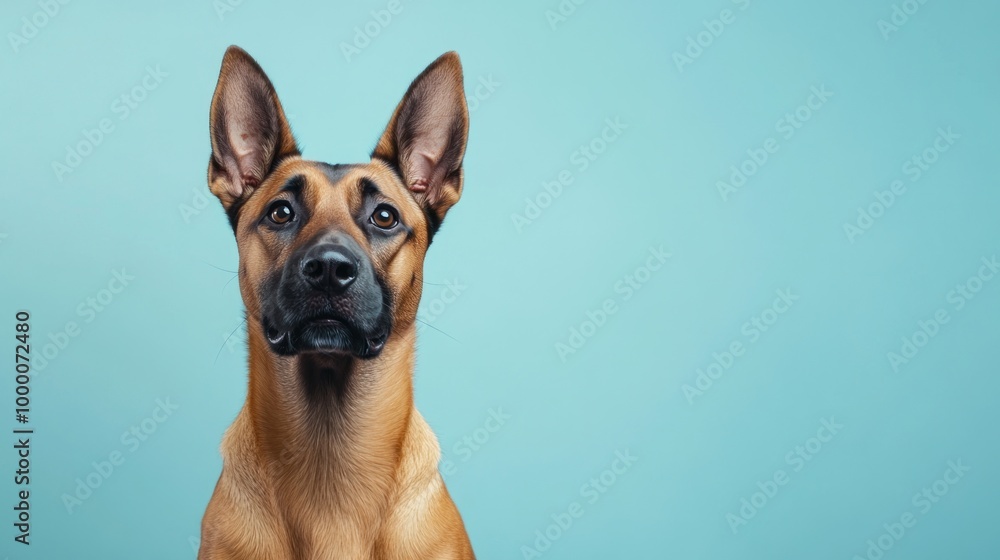 A close-up portrait of a dog against a light blue background, showcasing its features. A close-up portrait of a dog against a light blue background, showcasing its features.
