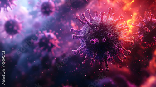 Microscopic View of Virus Particles. Futuristic Virus Simulation.