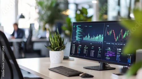 Workstation displaying stock market data with plants in a modern office setting