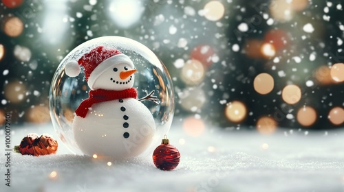 A charming snowman inside a glass globe surrounded by a snowy landscape durin...