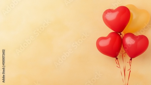 Bright yellow background with red heart-shaped balloons floating cheerfully t...