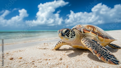 A turtle resting on the sandy beach under a vibrant sky near the turquoise oc...