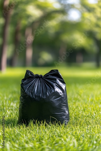 Black trash bag placed on lush green grass in a serene park during daytime