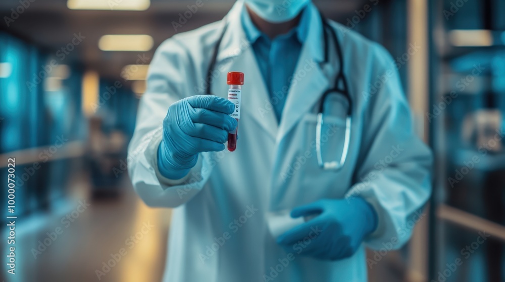 A doctor in a lab coat holding a positive blood sample for Coronavirus 2019-nCoV, representing critical pandemic testing efforts A doctor in a lab coat holding a positive blood sample for Coronavirus 2019-nCoV, representing critical pandemic testing efforts