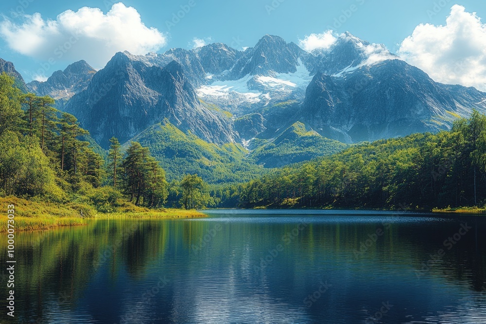 Fototapeta premium Serene Reflections of a Majestic Mountain Range by a Tranquil Lake