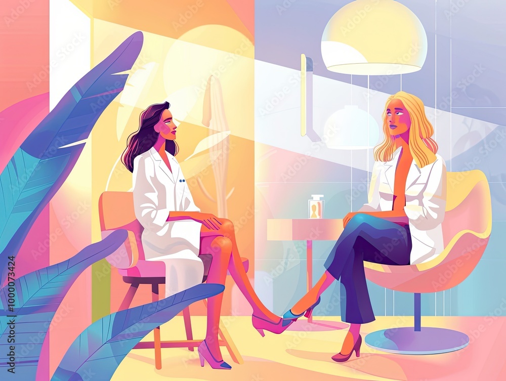 A mural of a beautiful model consulting with a doctor in a vibrant