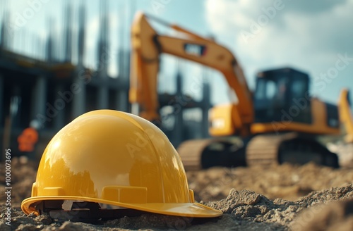 Construction site at sunset with a yellow hard hat on the ground and machiner...