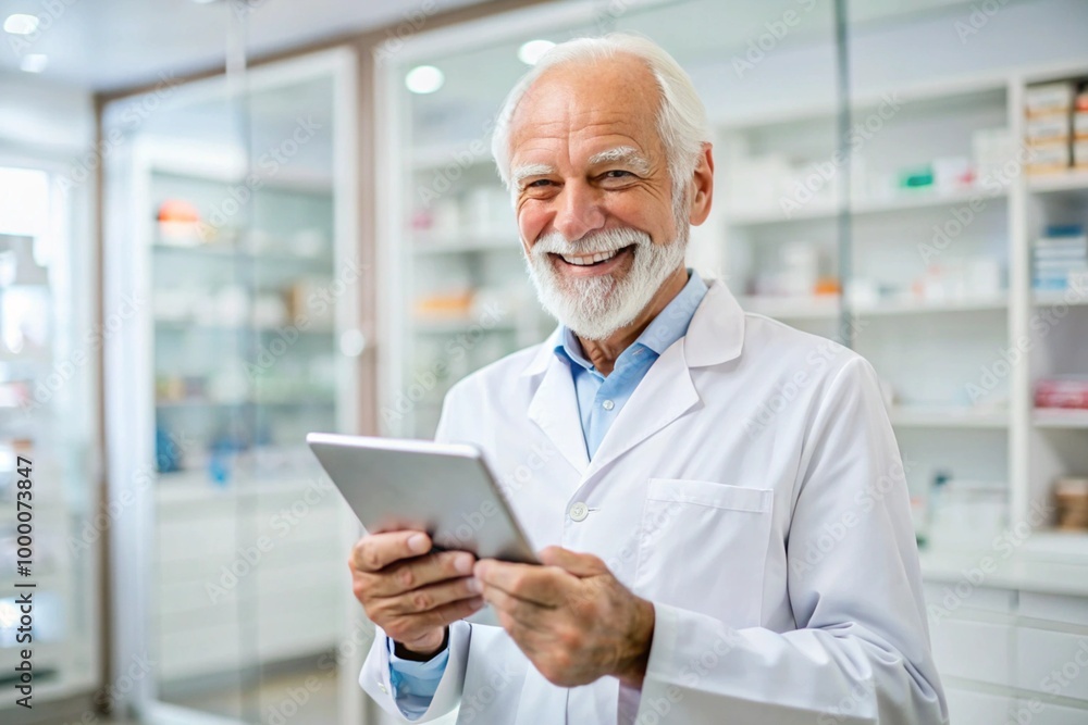 A man in a white lab coat is smiling and holding a tablet A man in a white lab coat is smiling and holding a tablet