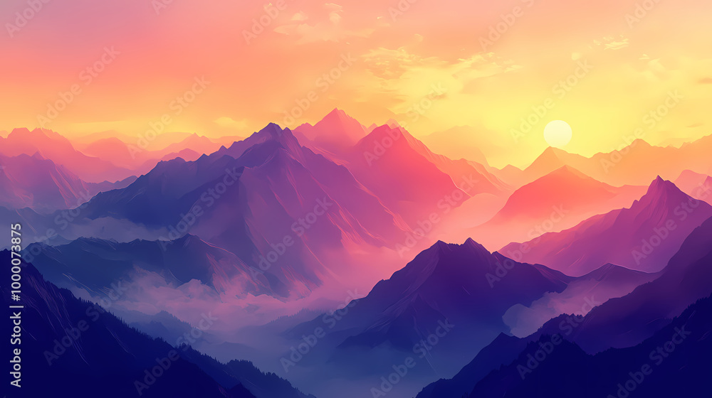 Sunrise in the mountains with vibrant colors and misty peaks, sunrise, mountains, scenic, landscape, dawn, vibrant, colors. Misty Mountains. Illustration Sunrise in the mountains with vibrant colors and misty peaks, sunrise, mountains, scenic, landscape, dawn, vibrant, colors. Misty Mountains. Illustration