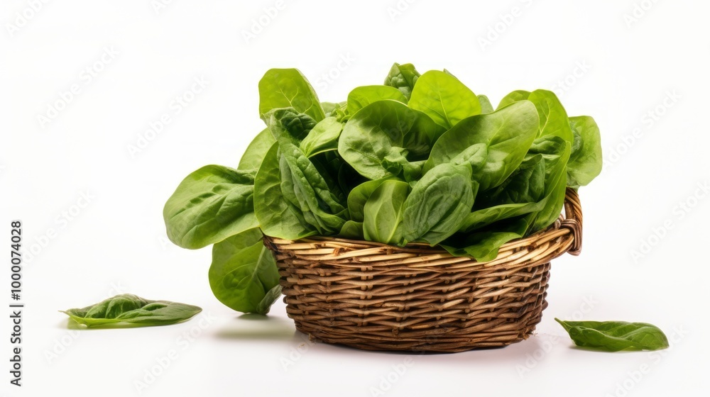 Fresh Spinach in a Woven Basket on White Background Fresh Spinach in a Woven Basket on White Background