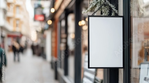 A blank sign hanging outside a store at twilight in a bustling urban street