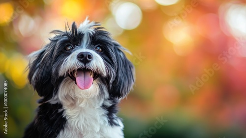 A cheerful black and white dog with a playful expression against a colorful blurred background.