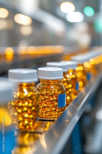 Production line of golden capsules in a pharmaceutical manufacturing facility...