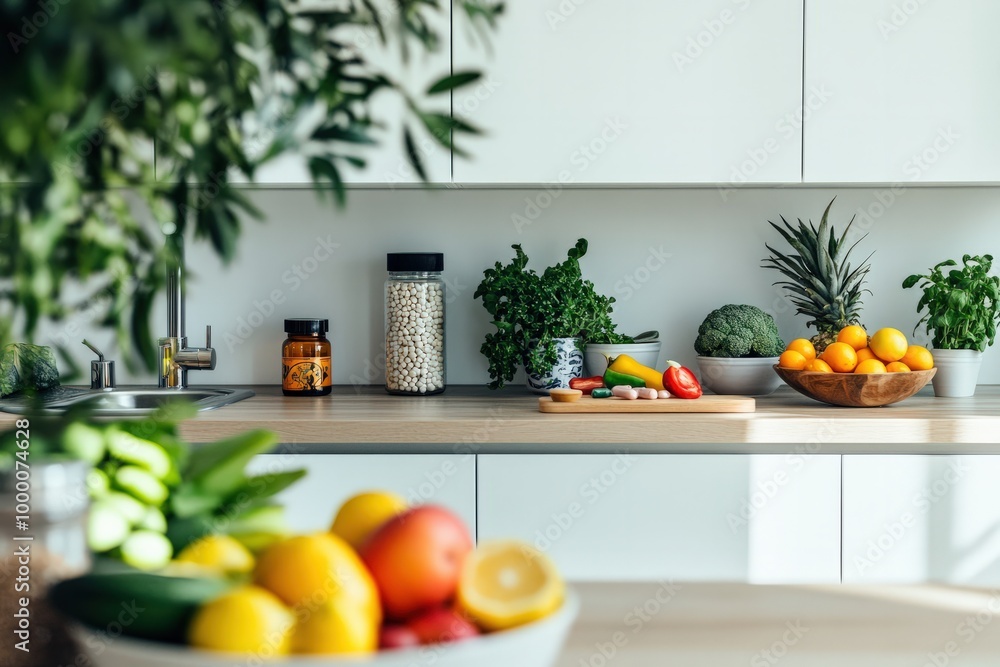 A minimalist kitchen scene showcasing organic supplements like vitamin C, omega-3, and probiotics, alongside fresh fruits and vegetables, promoting a natural wellness routine A minimalist kitchen scene showcasing organic supplements like vitamin C, omega-3, and probiotics, alongside fresh fruits and vegetables, promoting a natural wellness routine