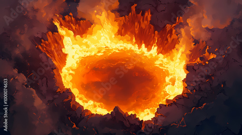 The crater of an awakening volcano, boiling, fiery lava rises to the surface, view from above. Volcanic Crater. Illustration