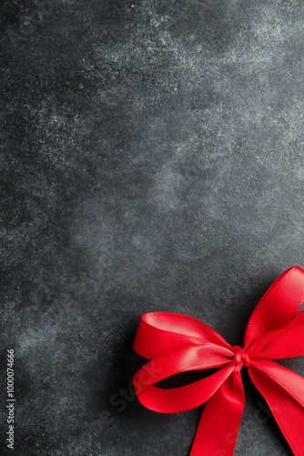 A vibrant red ribbon bow placed on a textured dark surface for gift wrapping ...