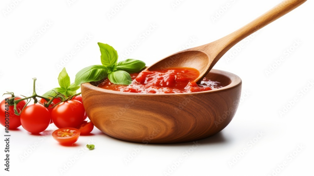 Wooden Bowl with Tomato Sauce and Fresh Basil Leaves Wooden Bowl with Tomato Sauce and Fresh Basil Leaves
