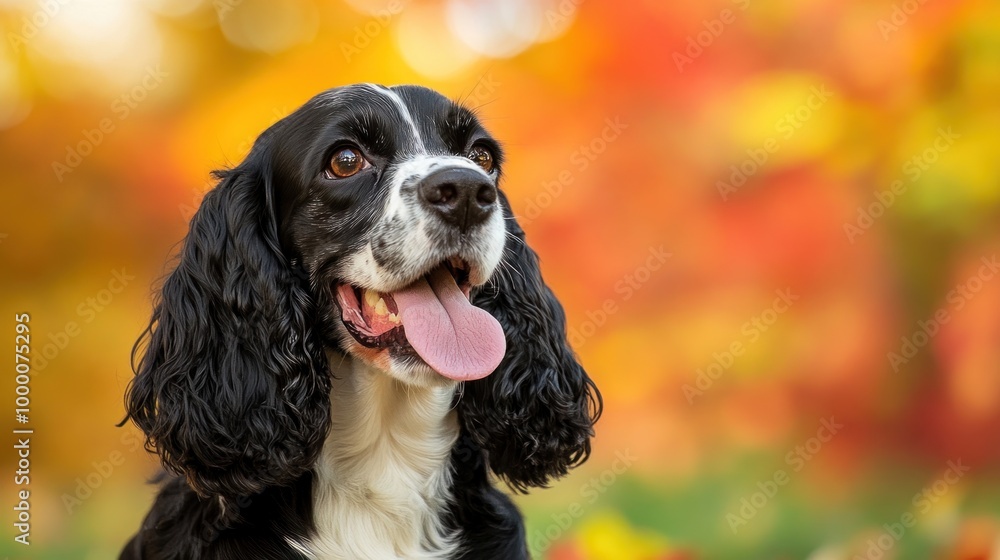A happy dog with a joyful expression against a vibrant autumn backdrop. A happy dog with a joyful expression against a vibrant autumn backdrop.