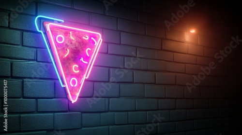 Neon pizza sign glowing on a brick wall at night creating a vibrant atmosphere